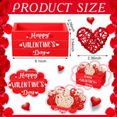 Qunclay Valentine's Day Wood Mini Wooden Crate Set Valentine's Day Tiered Tray Decor Happy Valentine's Day Wooden Basket with Heart Shaped Rattan Balls Decorations for Farmhouse (Red, White)